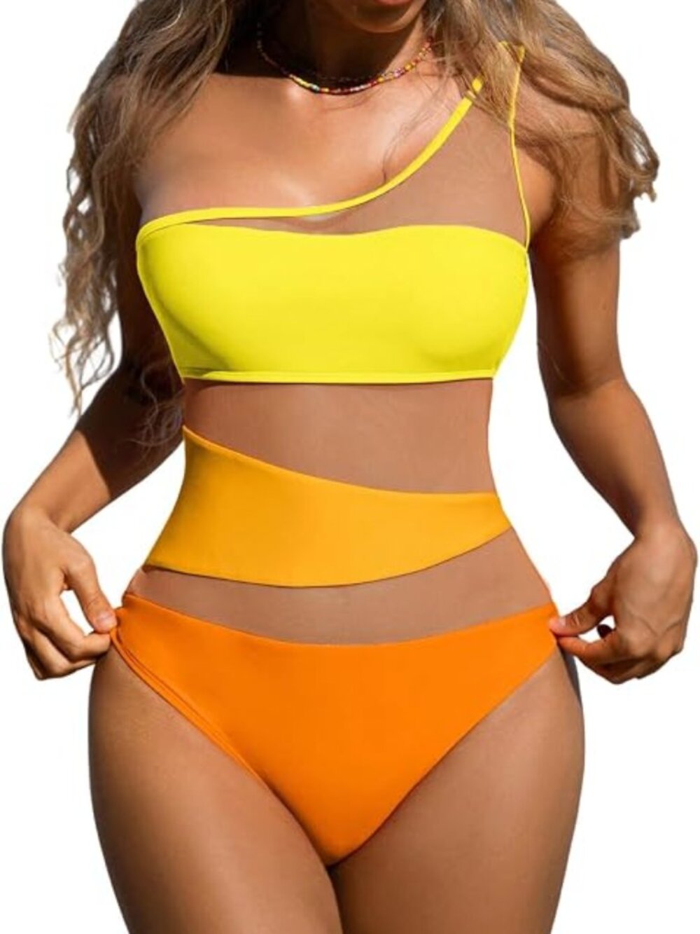 Women's One Piece Swimsuit One Shoulder Mesh Color Block - NWOT - L